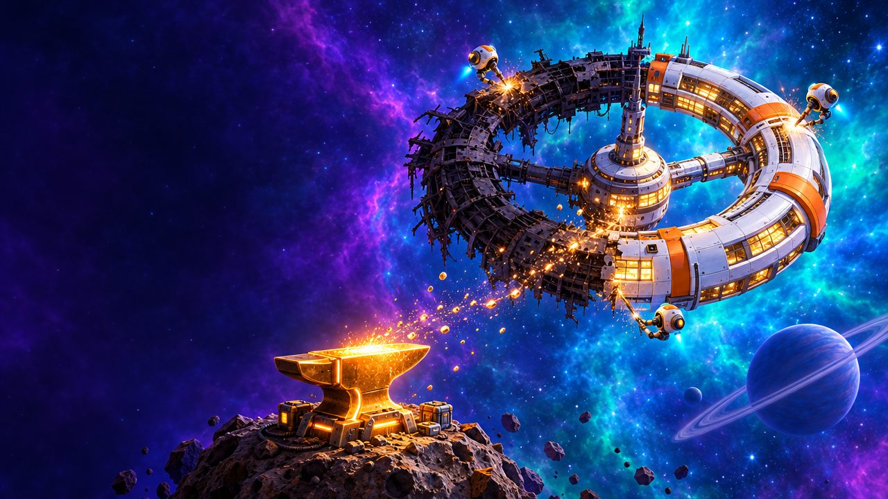 Orbit Forge preview art: an anvil on an asteroid sending sparks toward a half-rebuilt ring station